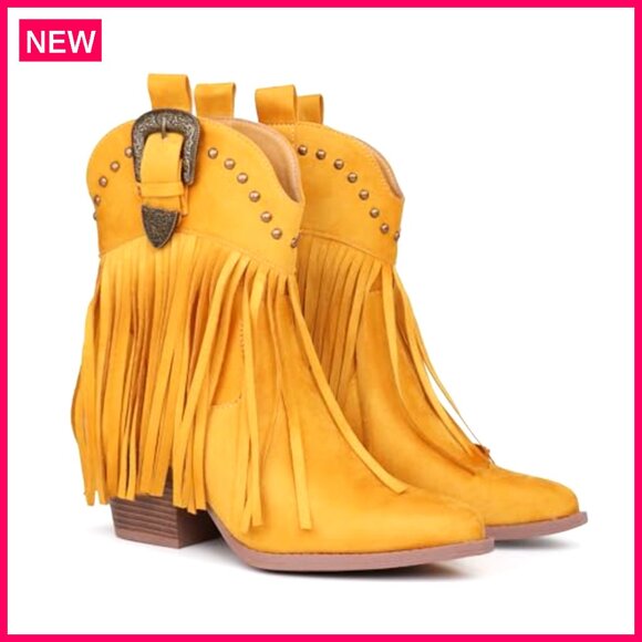 Women's Suede Fringe Cowboy Boots Snip Toe Pull On Western Ankle Booties - Picture 5 of 7
